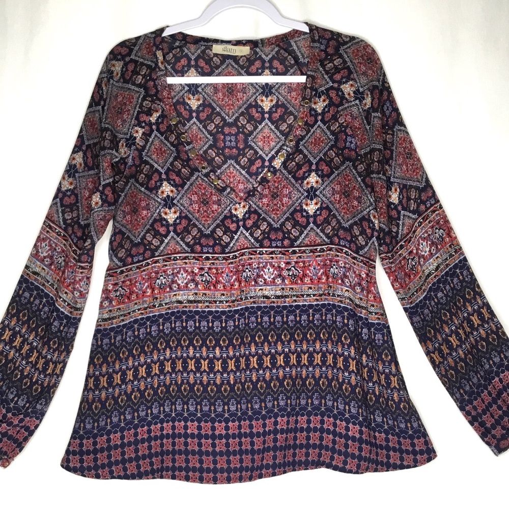 💎Glam Womens Peasant Tunic Blouse Size Medium Boho Casual Made USA
